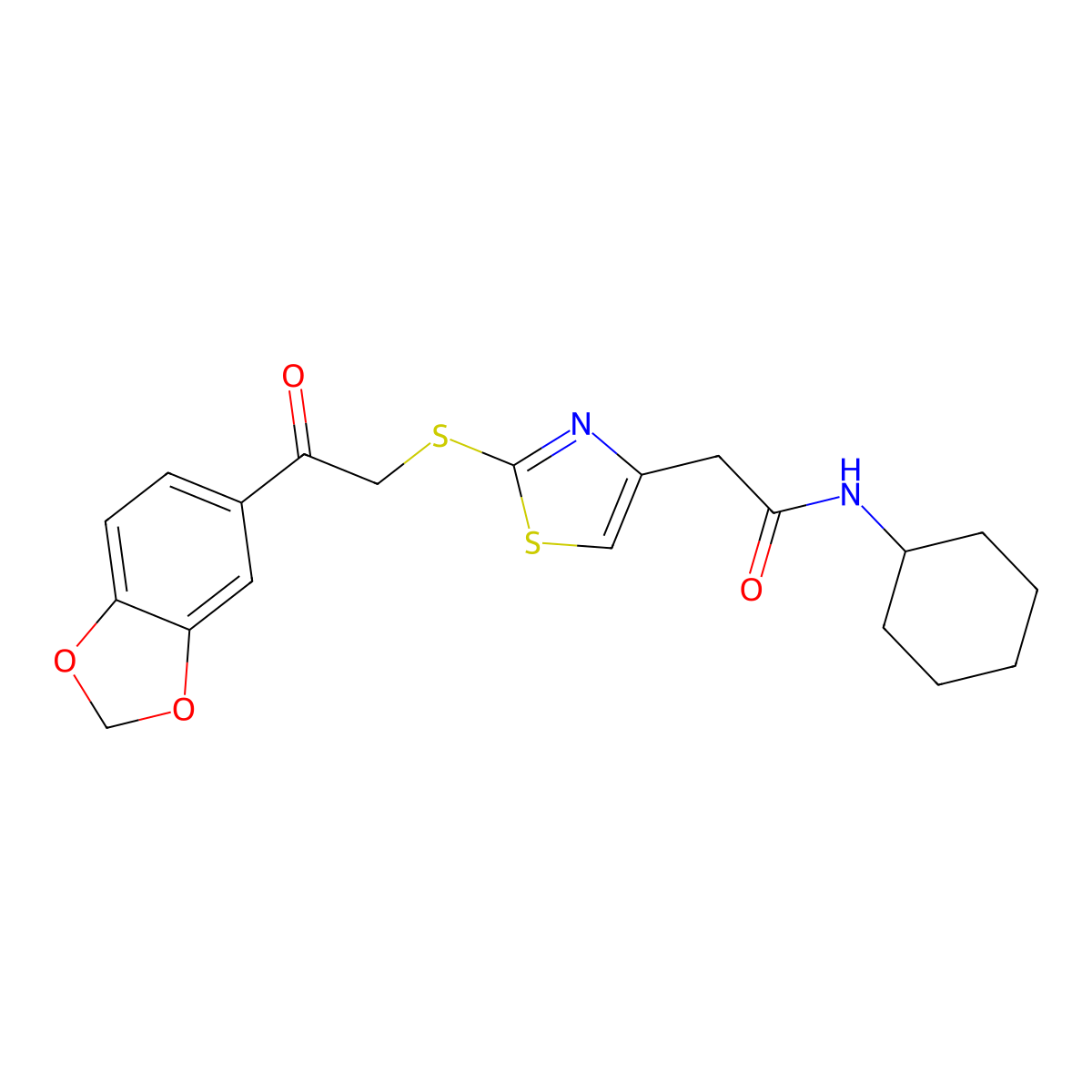 2-(2-((2-(benzo[d][1,3]dioxol-5-yl)-2-oxoethyl)thio)thiazol-4-yl)-N-cyclohexylacetamide molecular structure, CAS 1049285-43-9