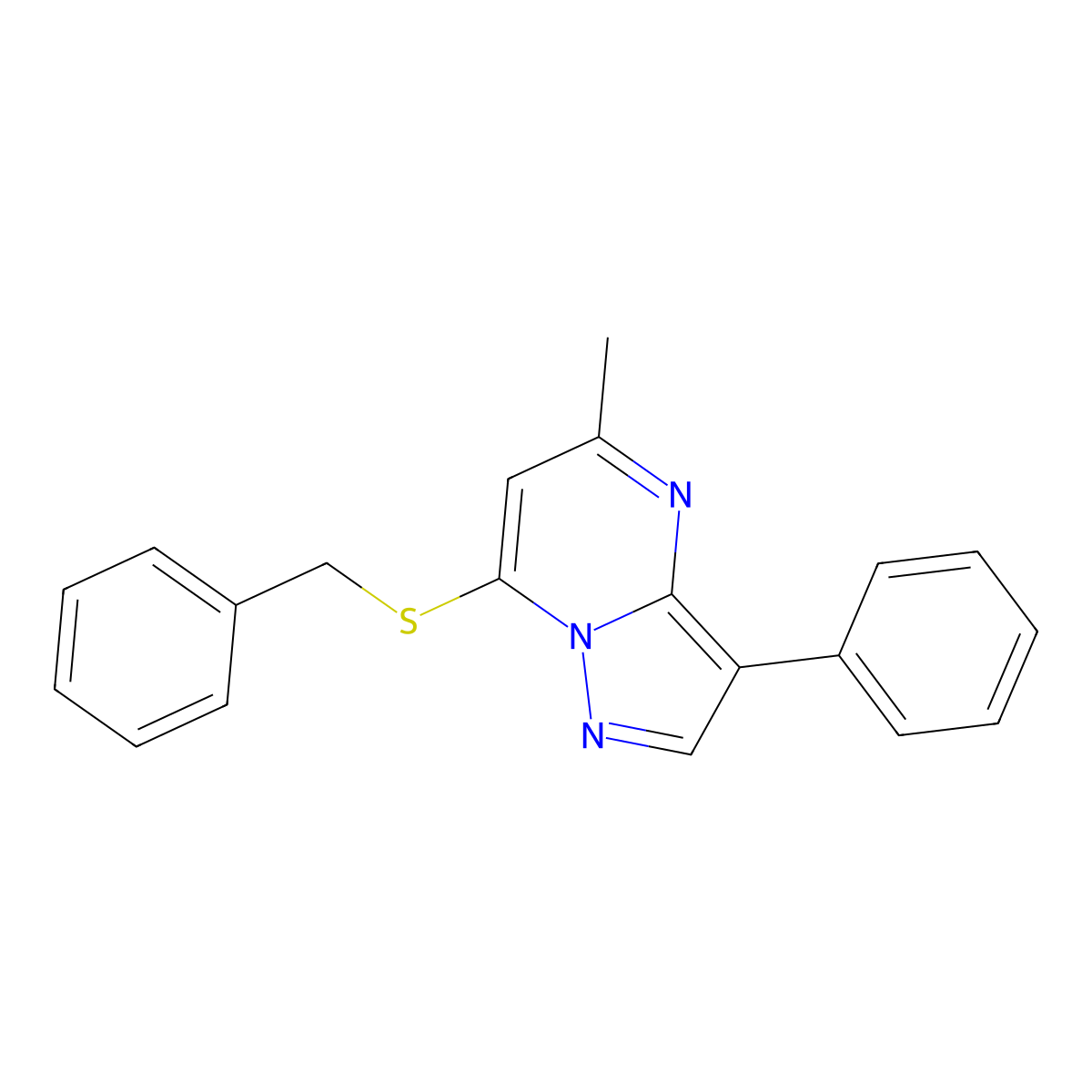 7-(Benzylsulfanyl)-5-methyl-3-phenylpyrazolo[1,5-a]pyrimidine molecular structure, CAS 104933-21-3