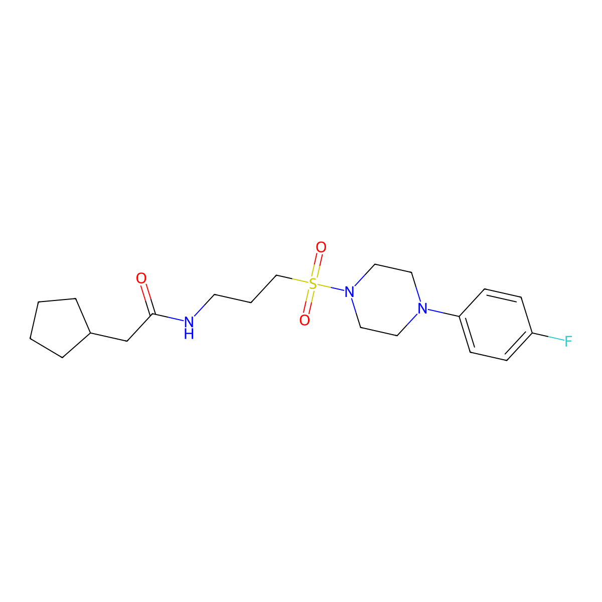 2-cyclopentyl-N-(3-((4-(4-fluorophenyl)piperazin-1-yl)sulfonyl)propyl)acetamide molecular structure, CAS 1049342-52-0