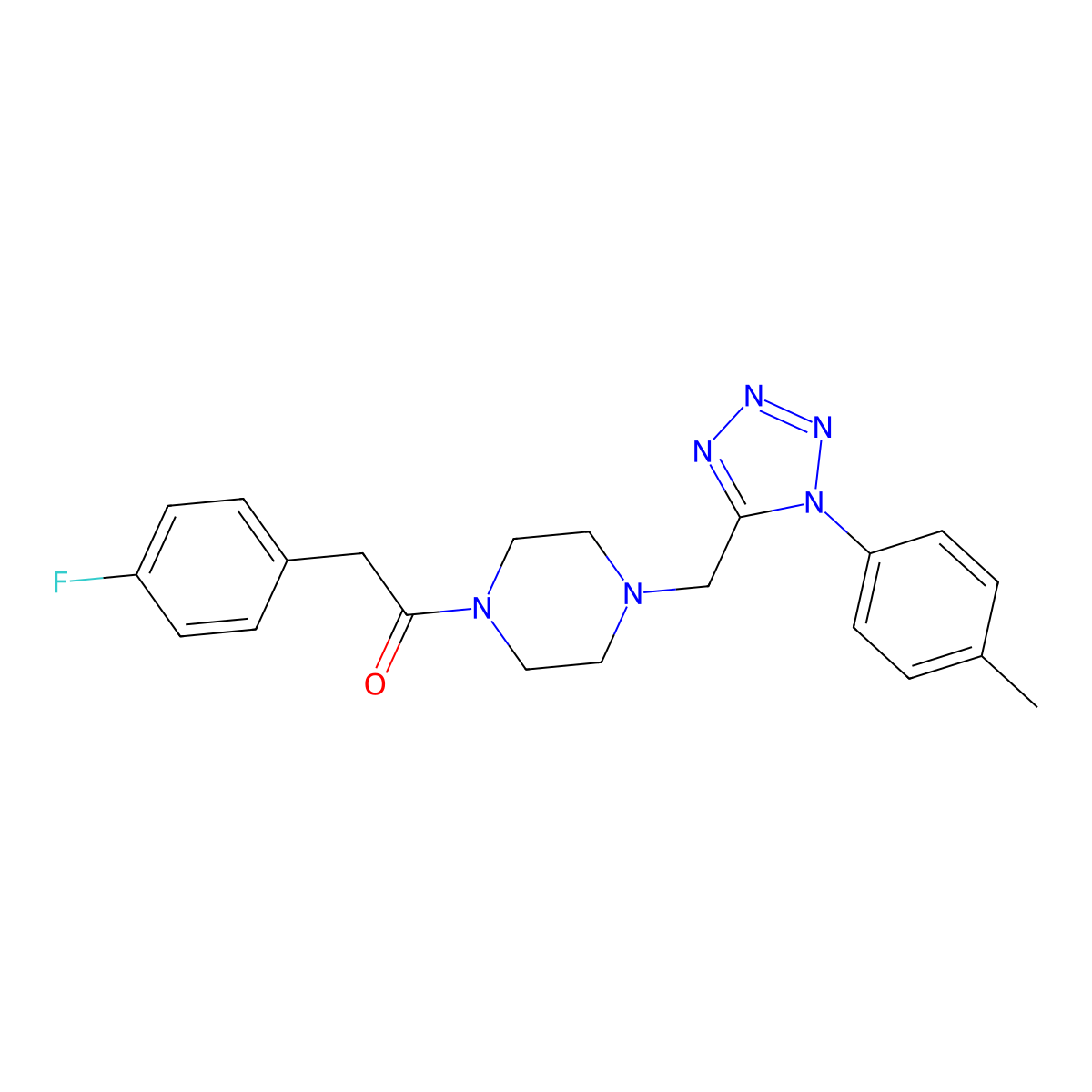 2-(4-fluorophenyl)-1-(4-((1-(p-tolyl)-1H-tetrazol-5-yl)methyl)piperazin-1-yl)ethanone molecular structure, CAS 1049349-43-0