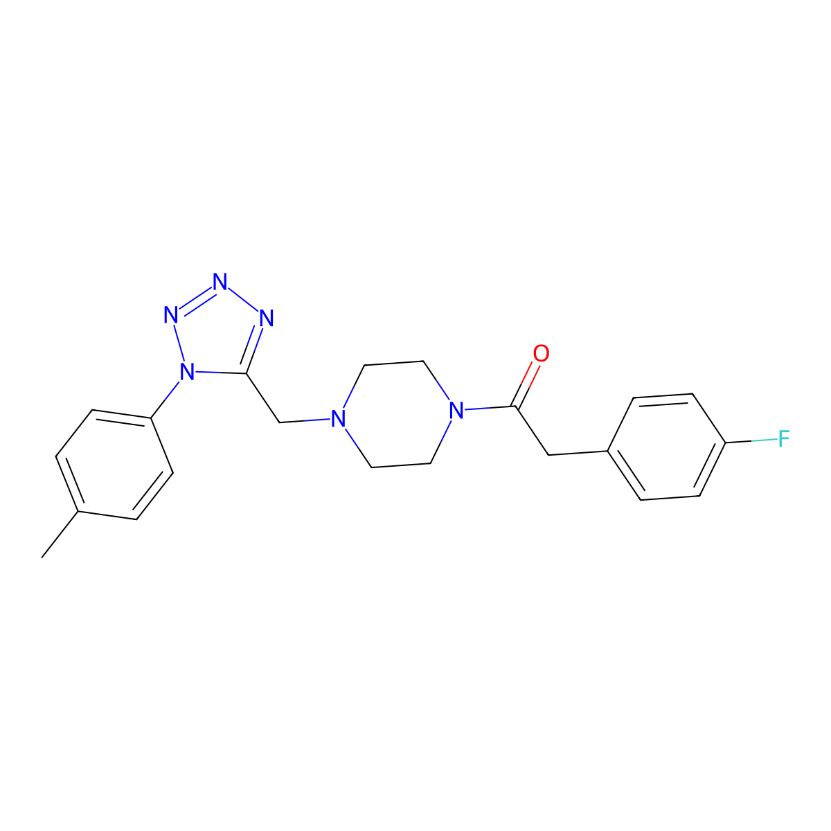 2-(4-fluorophenyl)-1-(4-((1-(p-tolyl)-1H-tetrazol-5-yl)methyl)piperazin-1-yl)ethanone molecular structure, CAS 1049349-43-0