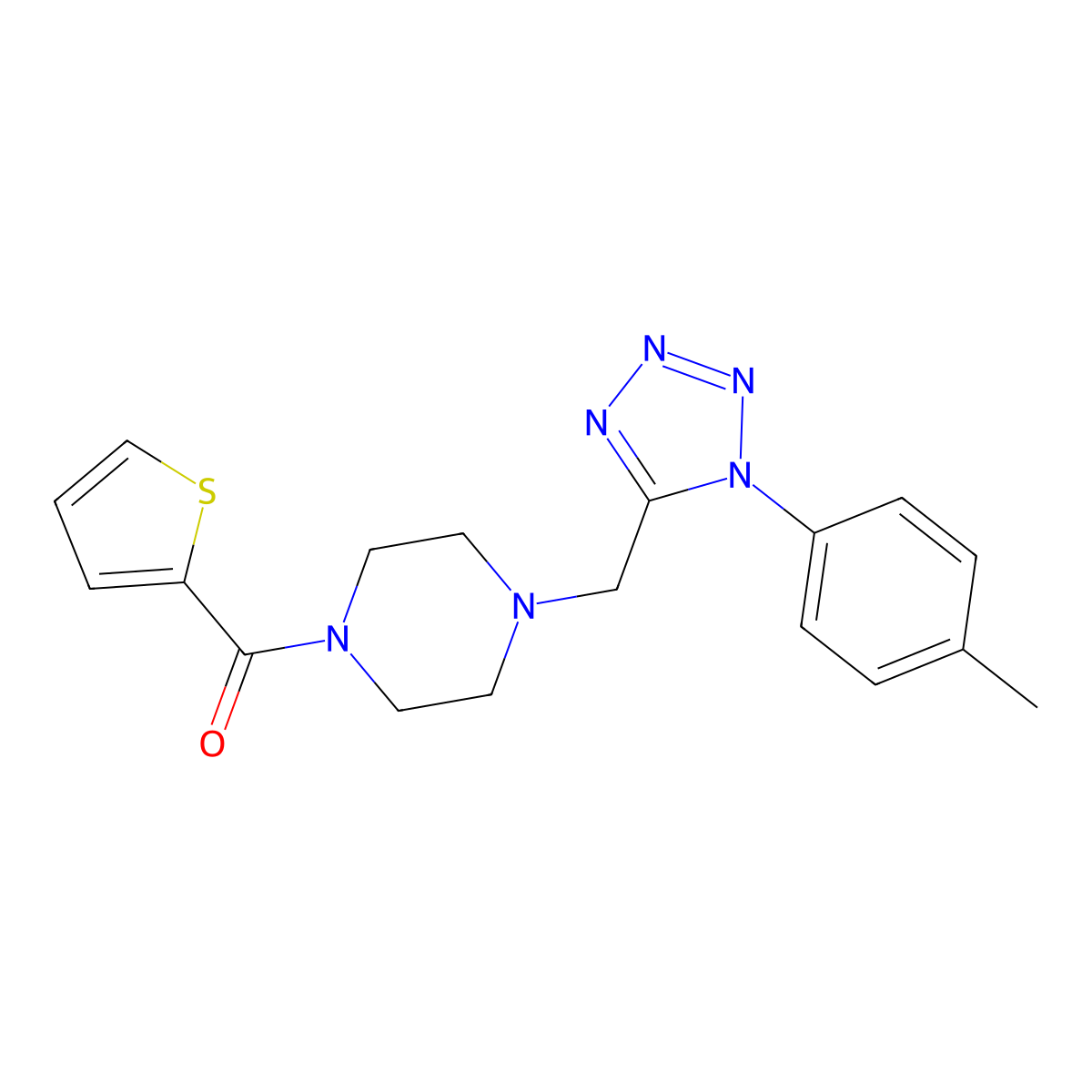 thiophen-2-yl(4-((1-(p-tolyl)-1H-tetrazol-5-yl)methyl)piperazin-1-yl)methanone molecular structure, CAS 1049349-74-7