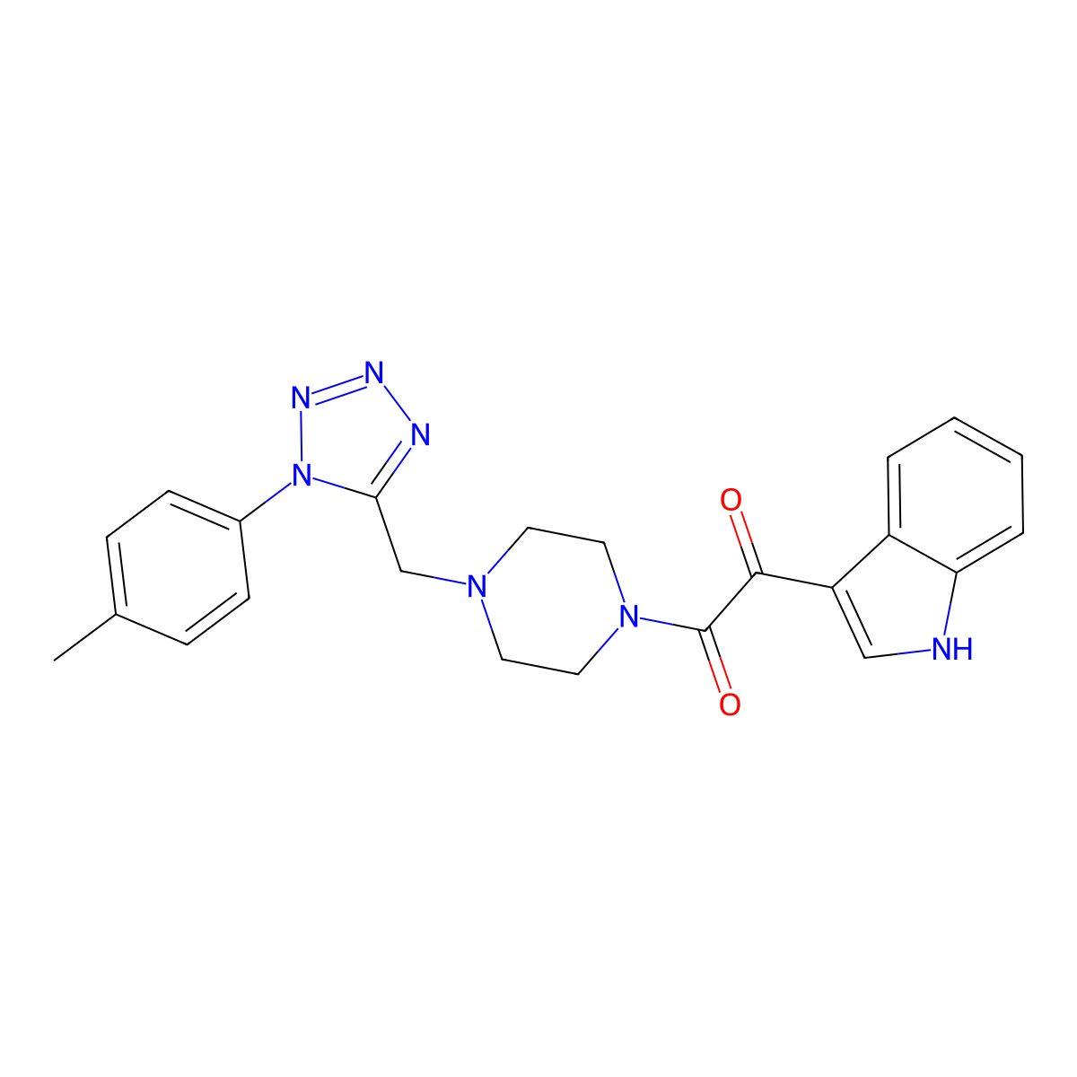 1-(1H-indol-3-yl)-2-(4-((1-(p-tolyl)-1H-tetrazol-5-yl)methyl)piperazin-1-yl)ethane-1,2-dione molecular structure, CAS 1049349-82-7