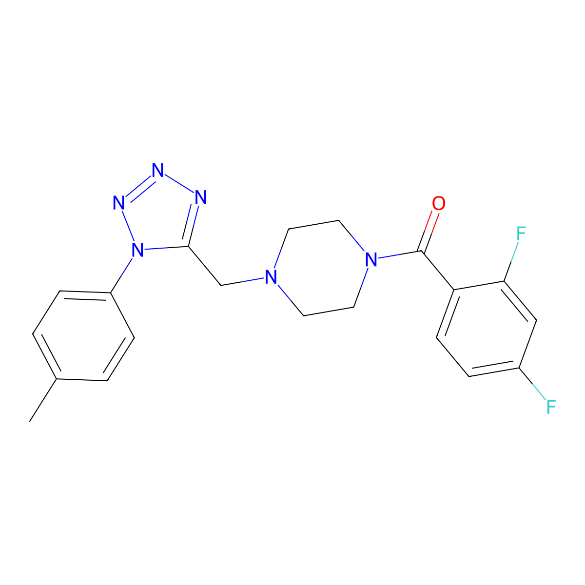 (2,4-difluorophenyl)(4-((1-(p-tolyl)-1H-tetrazol-5-yl)methyl)piperazin-1-yl)methanone molecular structure, CAS 1049350-29-9