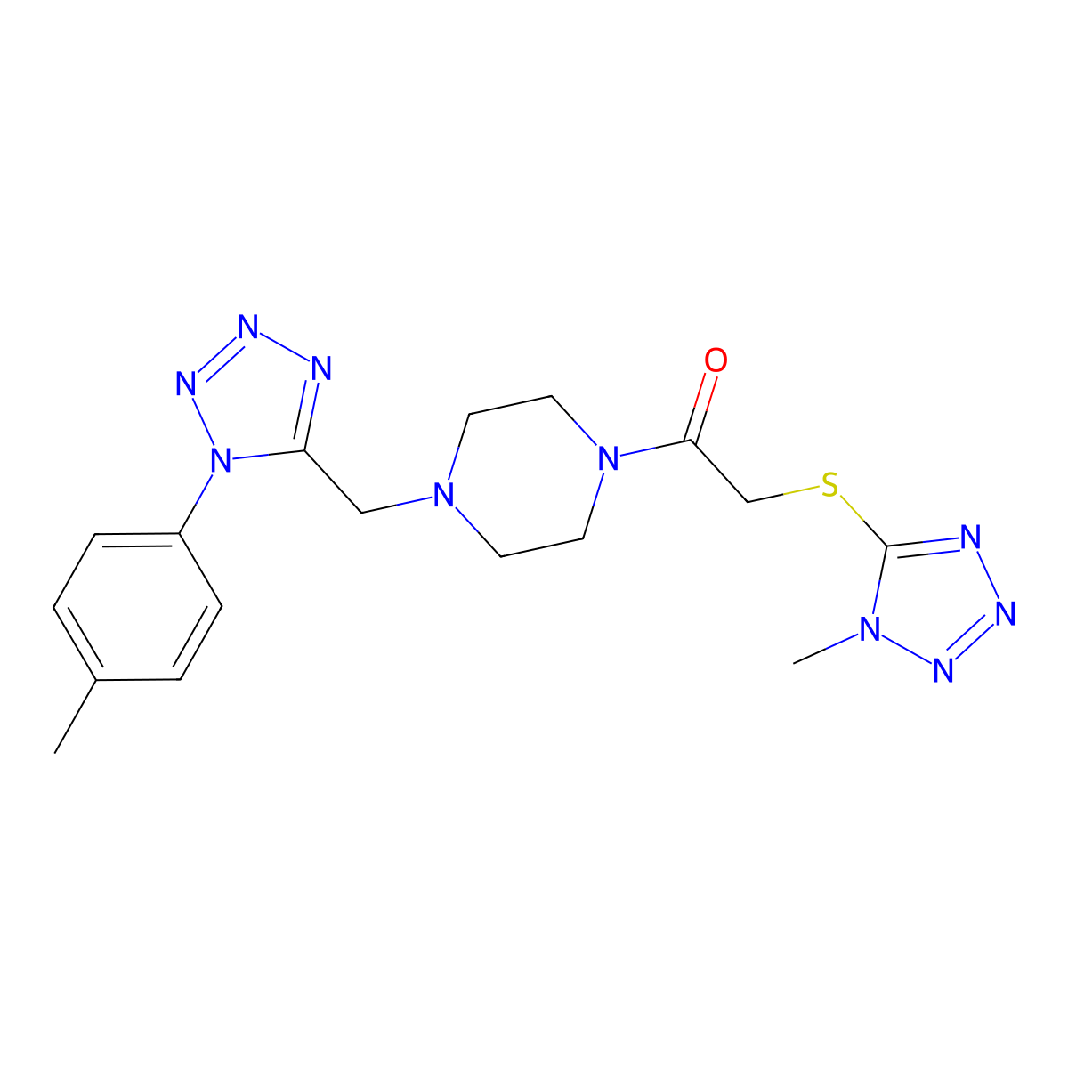 2-((1-methyl-1H-tetrazol-5-yl)thio)-1-(4-((1-(p-tolyl)-1H-tetrazol-5-yl)methyl)piperazin-1-yl)ethanone molecular structure, CAS 1049350-34-6