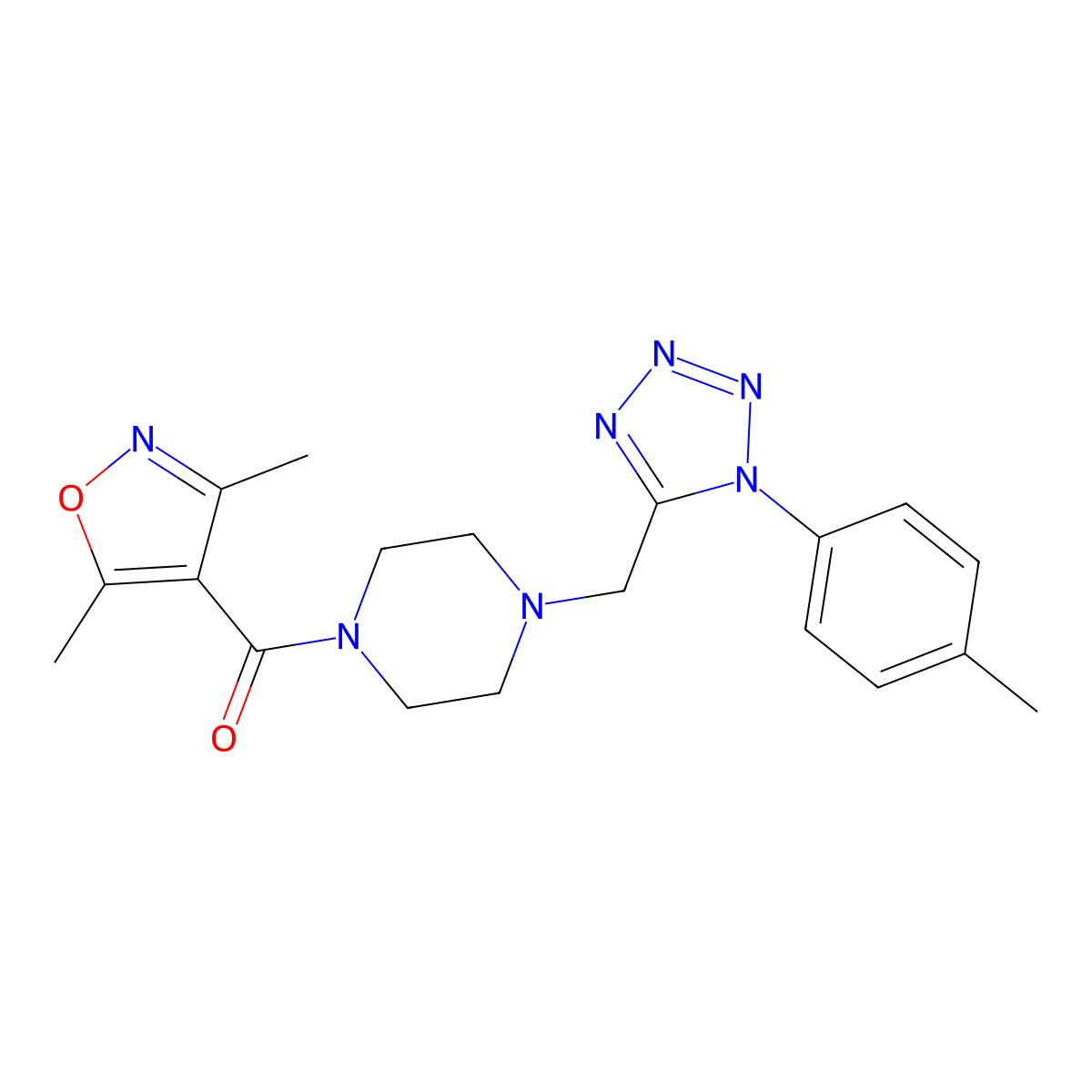 (3,5-dimethylisoxazol-4-yl)(4-((1-(p-tolyl)-1H-tetrazol-5-yl)methyl)piperazin-1-yl)methanone molecular structure, CAS 1049350-39-1