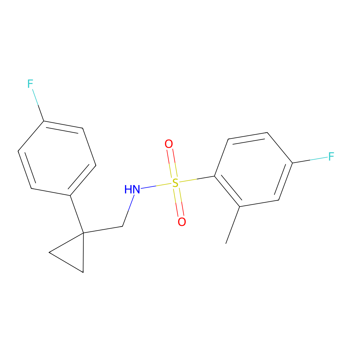 4-fluoro-N-((1-(4-fluorophenyl)cyclopropyl)methyl)-2-methylbenzenesulfonamide molecular structure, CAS 1049358-29-3