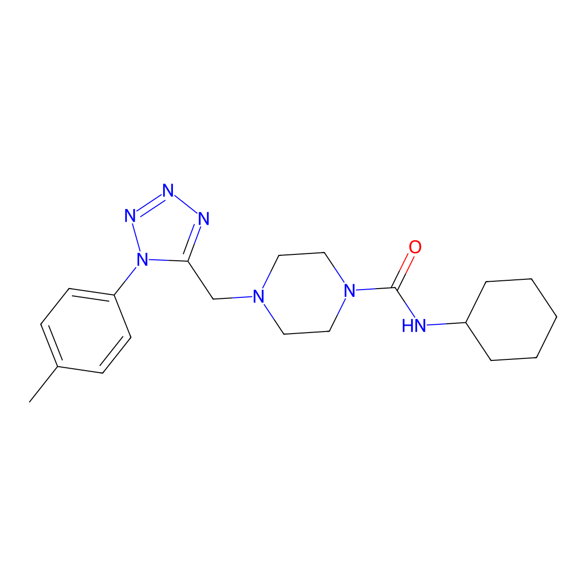 N-cyclohexyl-4-((1-(p-tolyl)-1H-tetrazol-5-yl)methyl)piperazine-1-carboxamide molecular structure, CAS 1049364-15-9