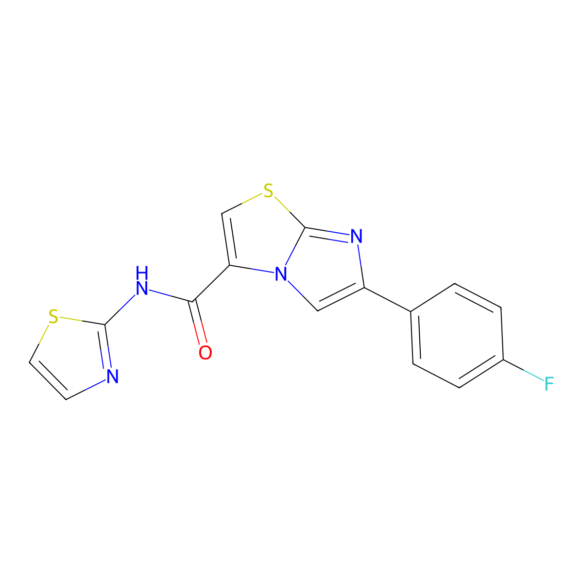6-(4-fluorophenyl)-N-(thiazol-2-yl)imidazo[2,1-b]thiazole-3-carboxamide molecular structure, CAS 1049364-87-5
