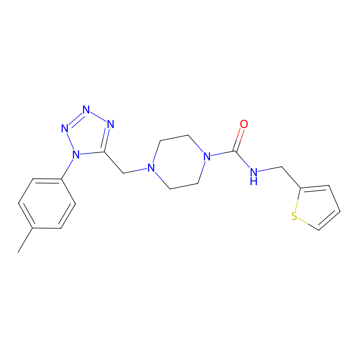 N-(thiophen-2-ylmethyl)-4-((1-(p-tolyl)-1H-tetrazol-5-yl)methyl)piperazine-1-carboxamide molecular structure, CAS 1049365-00-5