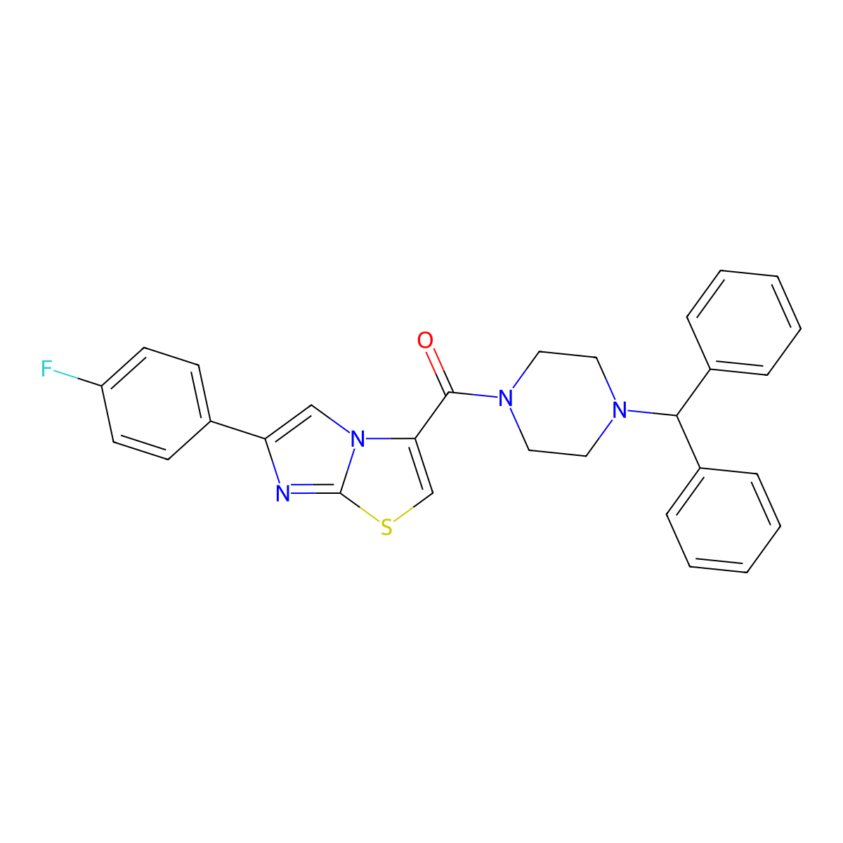 (4-Benzhydrylpiperazin-1-yl)(6-(4-fluorophenyl)imidazo[2,1-b]thiazol-3-yl)methanone molecular structure, CAS 1049365-10-7
