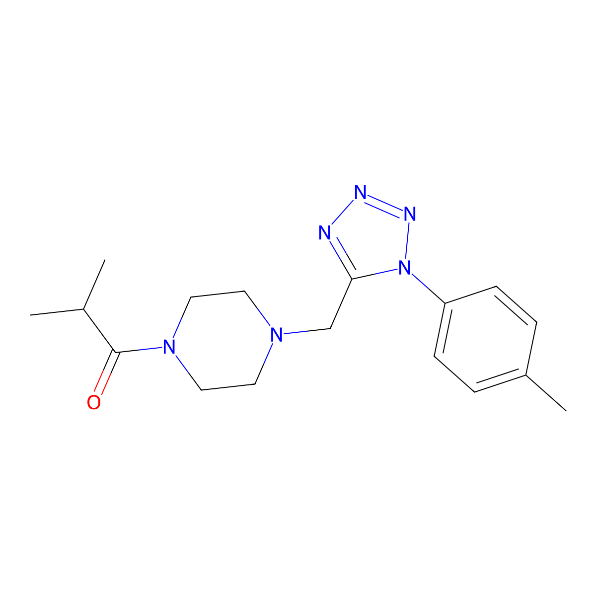2-methyl-1-(4-((1-(p-tolyl)-1H-tetrazol-5-yl)methyl)piperazin-1-yl)propan-1-one molecular structure, CAS 1049366-08-6