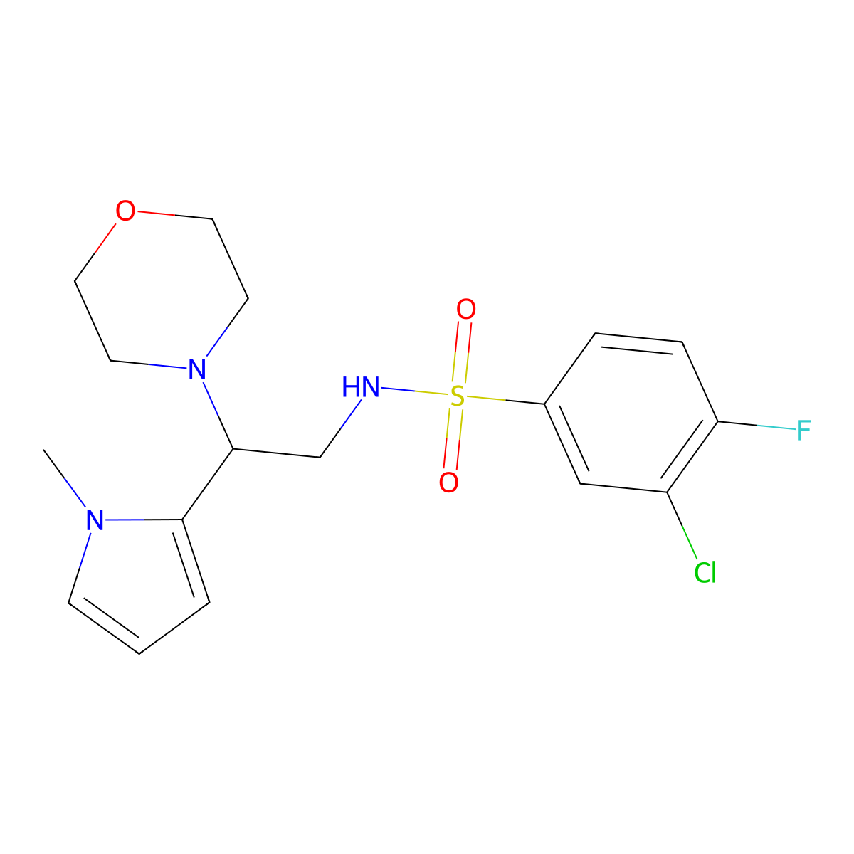 3-chloro-4-fluoro-N-(2-(1-methyl-1H-pyrrol-2-yl)-2-morpholinoethyl)benzenesulfonamide molecular structure, CAS 1049369-91-6