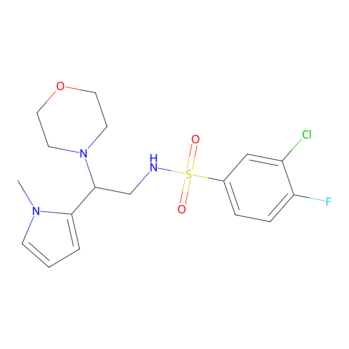 3-chloro-4-fluoro-N-(2-(1-methyl-1H-pyrrol-2-yl)-2-morpholinoethyl)benzenesulfonamide molecular structure, CAS 1049369-91-6