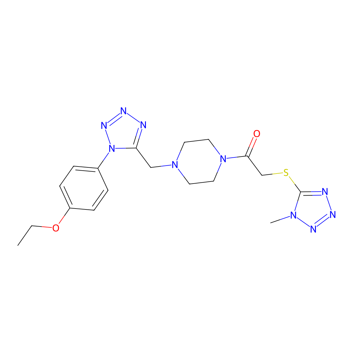 1-(4-((1-(4-ethoxyphenyl)-1H-tetrazol-5-yl)methyl)piperazin-1-yl)-2-((1-methyl-1H-tetrazol-5-yl)thio)ethanone molecular structure, CAS 1049382-46-8