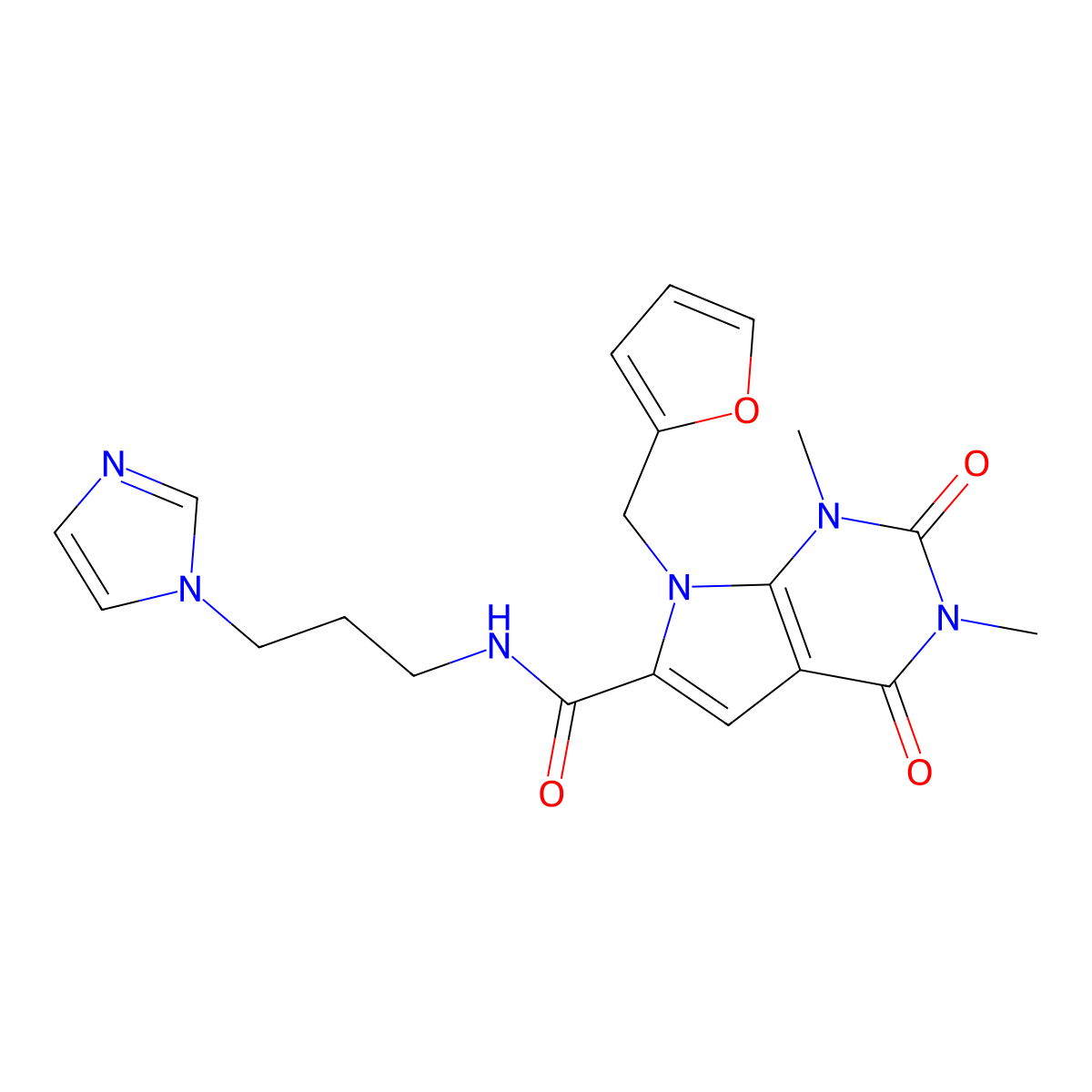 7-(furan-2-ylmethyl)-N-[3-(1H-imidazol-1-yl)propyl]-1,3-dimethyl-2,4-dioxo-2,3,4,7-tetrahydro-1H-pyrrolo[2,3-d]pyrimidine-6-carboxamide molecular structure, CAS 1049384-40-8