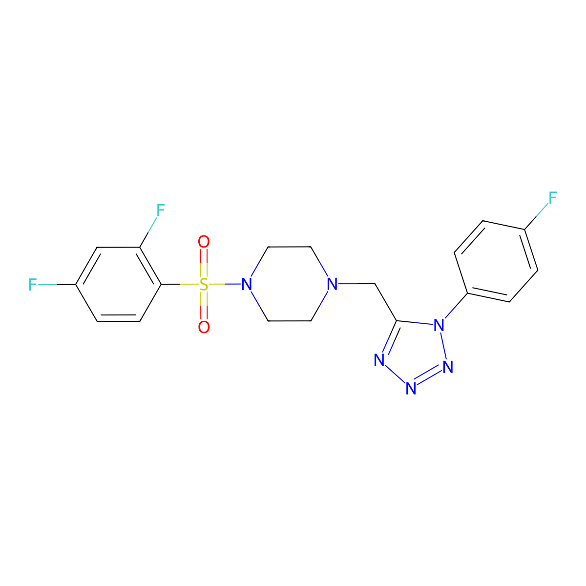 1-((2,4-difluorophenyl)sulfonyl)-4-((1-(4-fluorophenyl)-1H-tetrazol-5-yl)methyl)piperazine molecular structure, CAS 1049385-50-3
