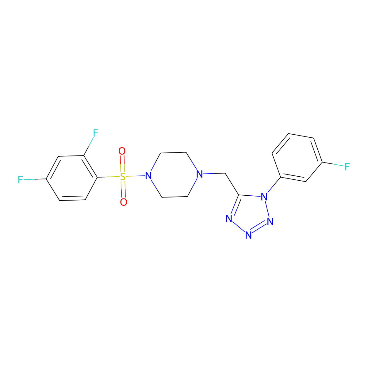 1-((2,4-difluorophenyl)sulfonyl)-4-((1-(3-fluorophenyl)-1H-tetrazol-5-yl)methyl)piperazine molecular structure, CAS 1049386-48-2