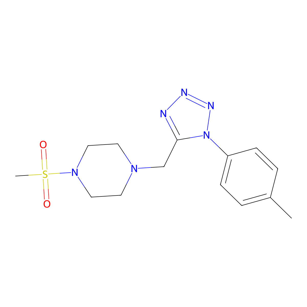 1-(methylsulfonyl)-4-((1-(p-tolyl)-1H-tetrazol-5-yl)methyl)piperazine molecular structure, CAS 1049386-92-6