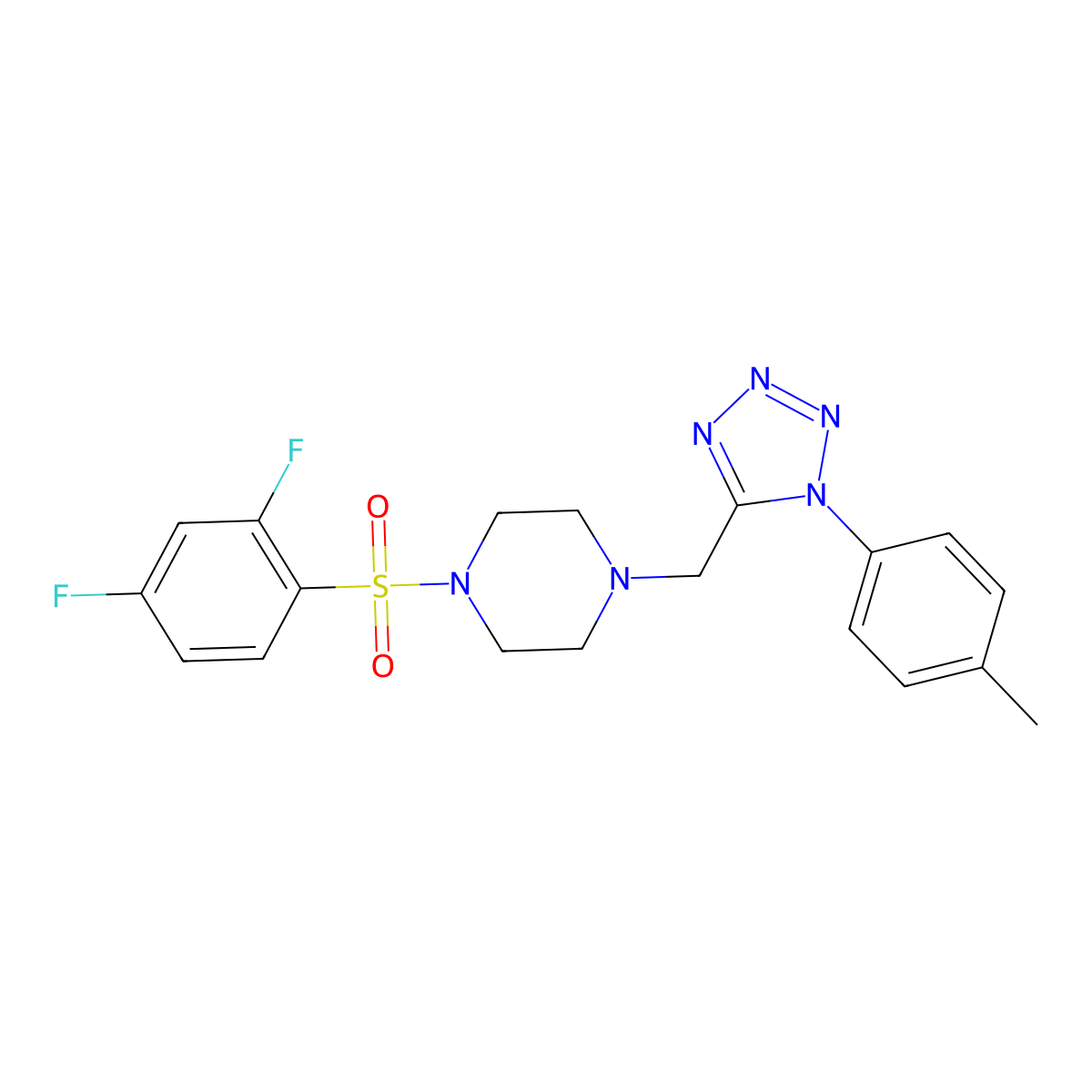 1-((2,4-difluorophenyl)sulfonyl)-4-((1-(p-tolyl)-1H-tetrazol-5-yl)methyl)piperazine molecular structure, CAS 1049387-51-0