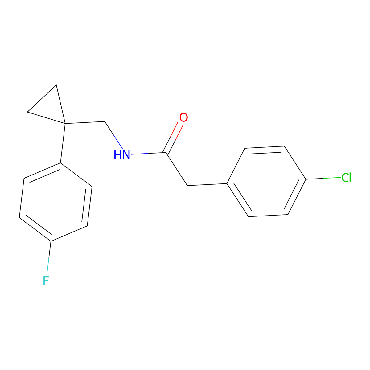 2-(4-chlorophenyl)-N-((1-(4-fluorophenyl)cyclopropyl)methyl)acetamide molecular structure, CAS 1049388-68-2