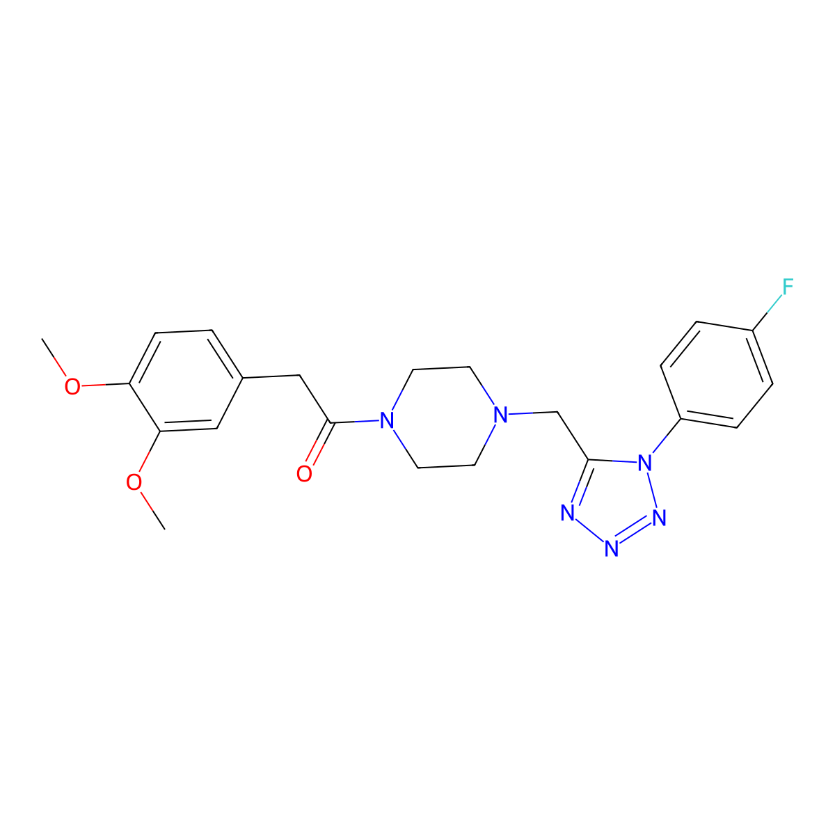 2-(3,4-dimethoxyphenyl)-1-(4-((1-(4-fluorophenyl)-1H-tetrazol-5-yl)methyl)piperazin-1-yl)ethanone molecular structure, CAS 1049404-05-8