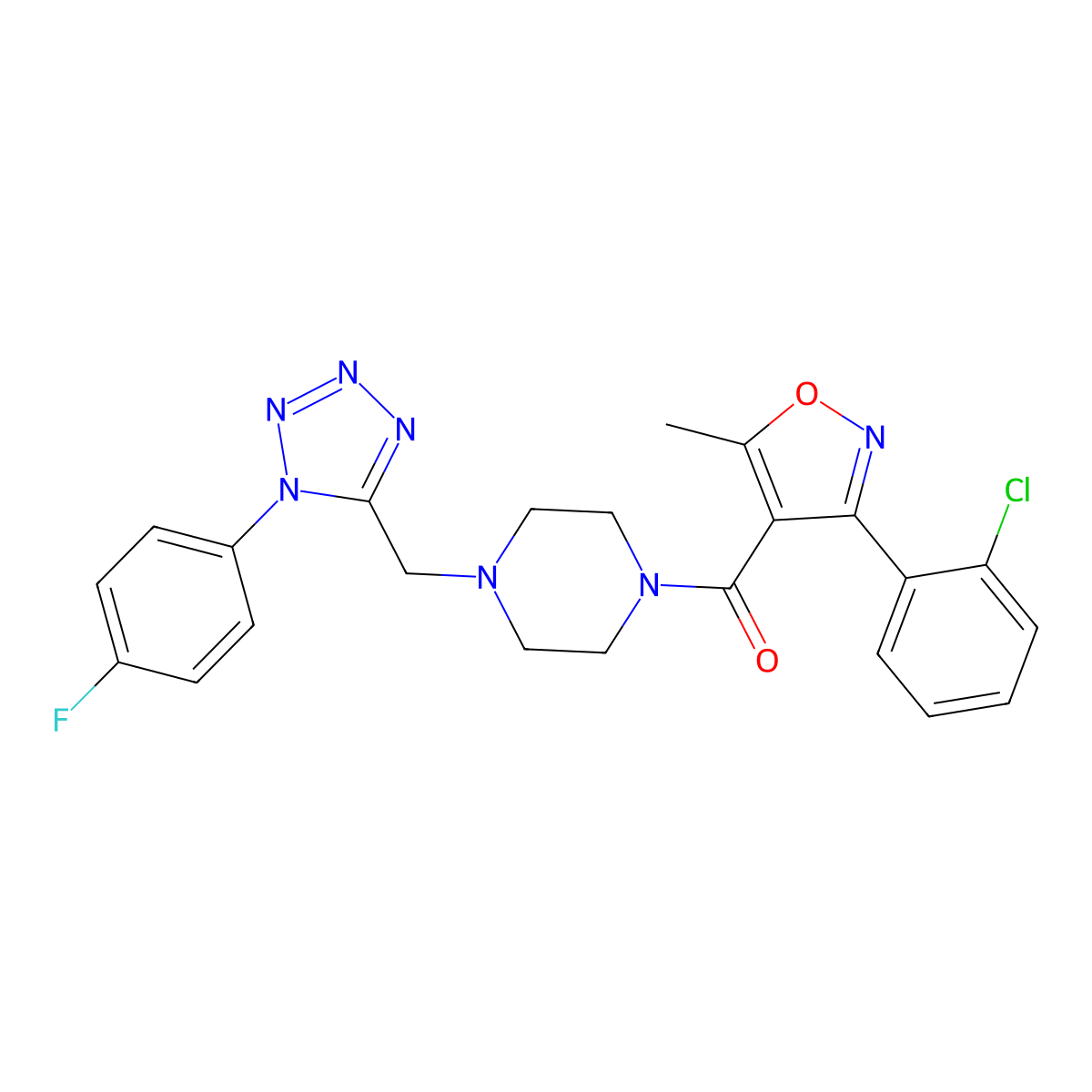 (3-(2-chlorophenyl)-5-methylisoxazol-4-yl)(4-((1-(4-fluorophenyl)-1H-tetrazol-5-yl)methyl)piperazin-1-yl)methanone molecular structure, CAS 1049404-57-0