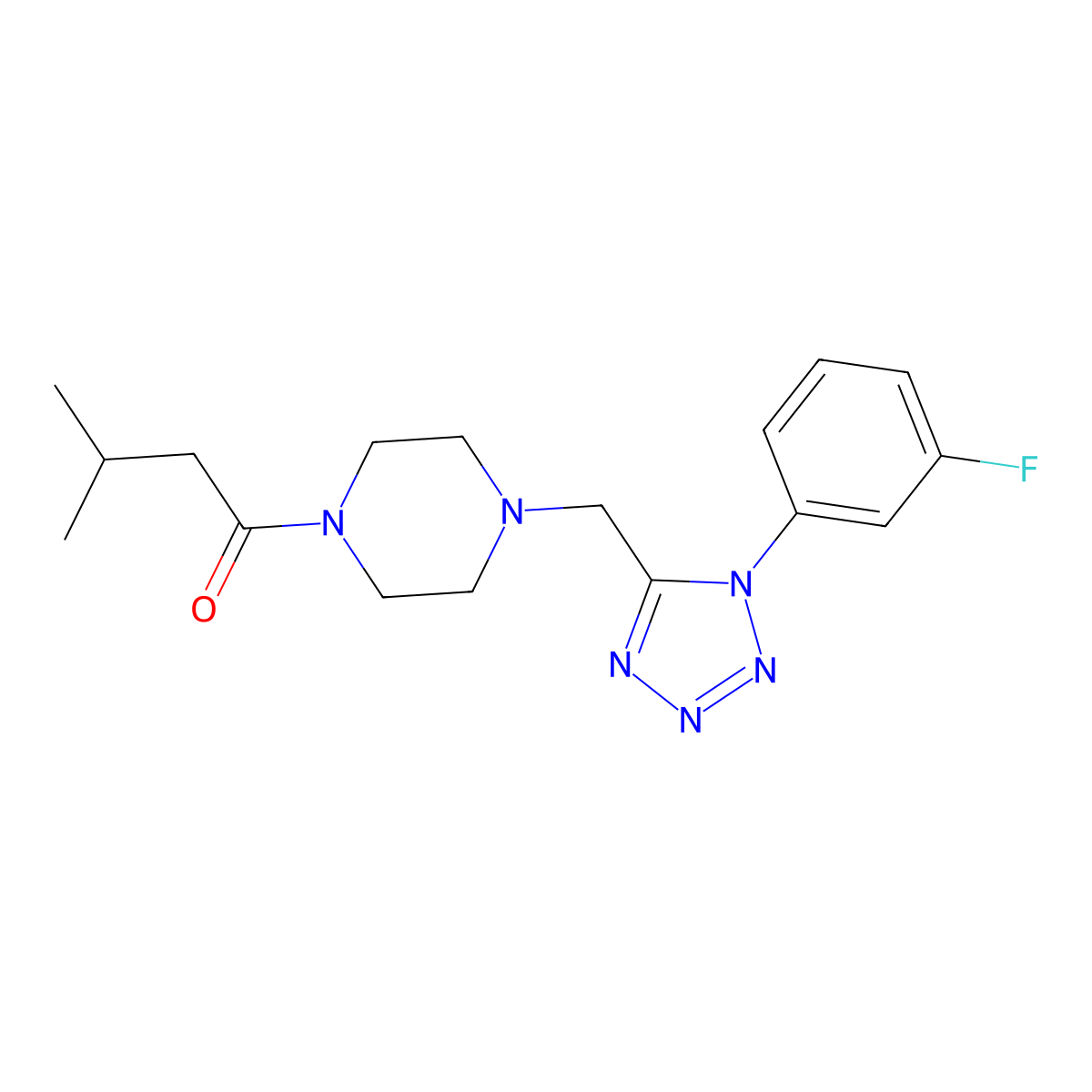 1-(4-((1-(3-fluorophenyl)-1H-tetrazol-5-yl)methyl)piperazin-1-yl)-3-methylbutan-1-one molecular structure, CAS 1049405-46-0