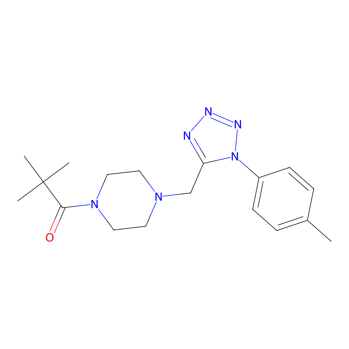 2,2-dimethyl-1-(4-((1-(p-tolyl)-1H-tetrazol-5-yl)methyl)piperazin-1-yl)propan-1-one molecular structure, CAS 1049408-23-2