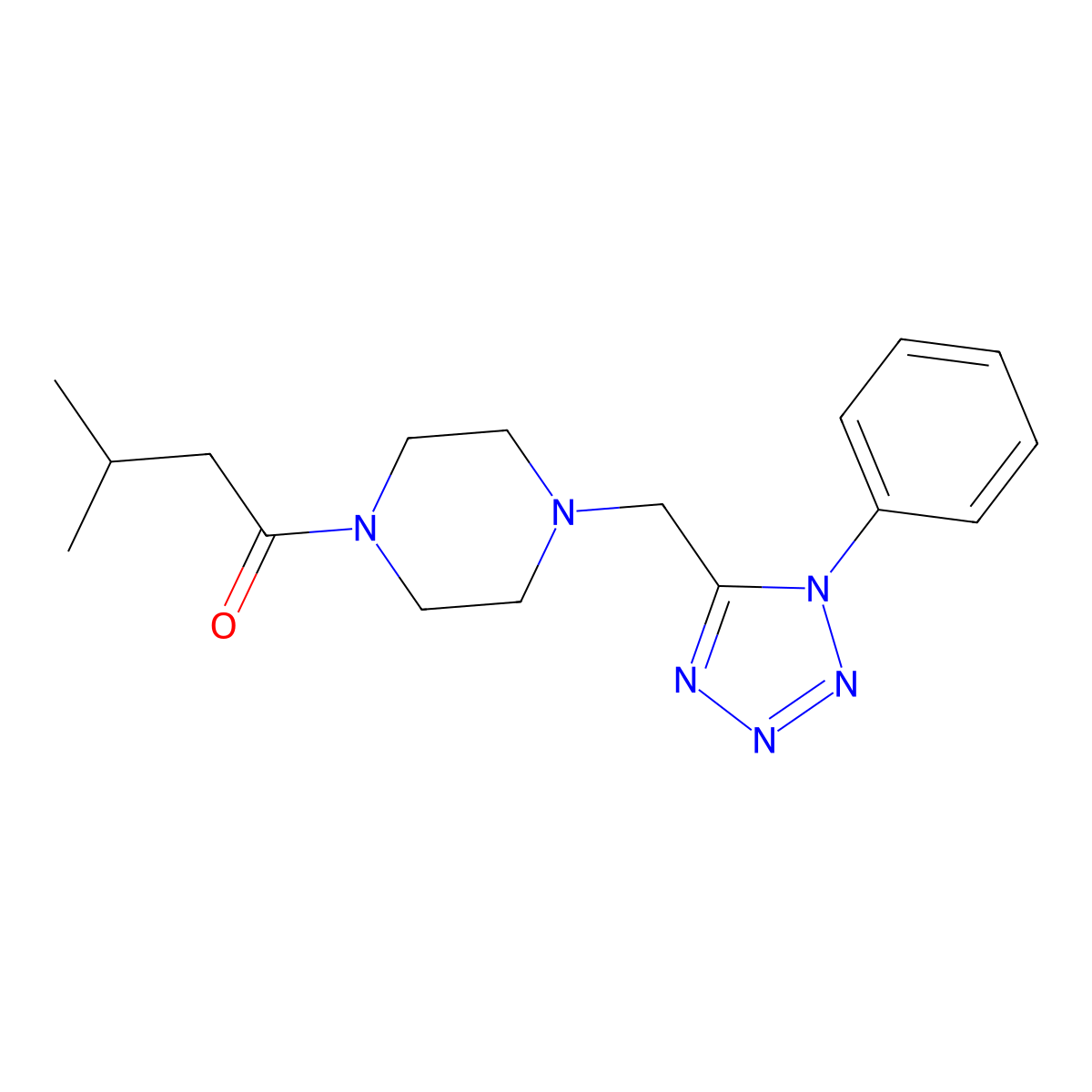 3-methyl-1-(4-((1-phenyl-1H-tetrazol-5-yl)methyl)piperazin-1-yl)butan-1-one molecular structure, CAS 1049423-21-3