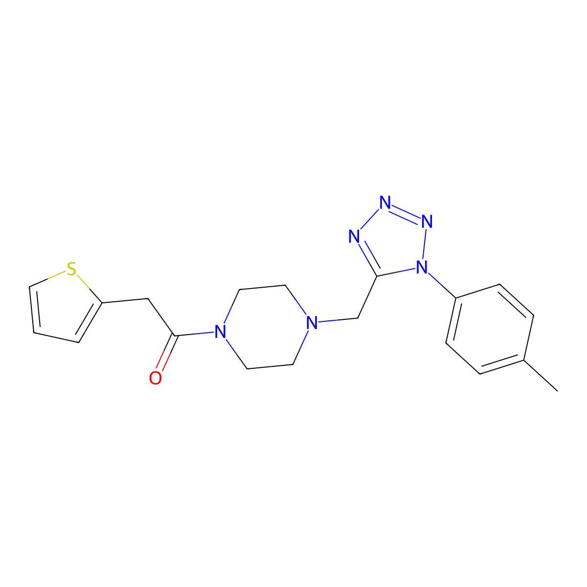 2-(thiophen-2-yl)-1-(4-((1-(p-tolyl)-1H-tetrazol-5-yl)methyl)piperazin-1-yl)ethanone molecular structure, CAS 1049423-58-6