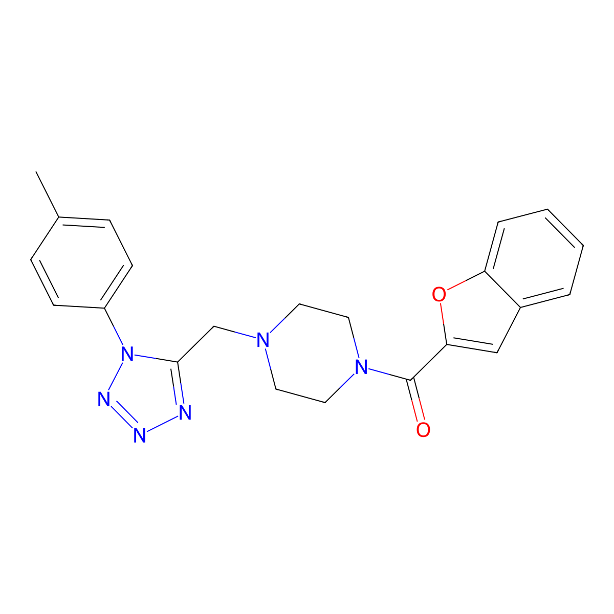 benzofuran-2-yl(4-((1-(p-tolyl)-1H-tetrazol-5-yl)methyl)piperazin-1-yl)methanone molecular structure, CAS 1049424-11-4