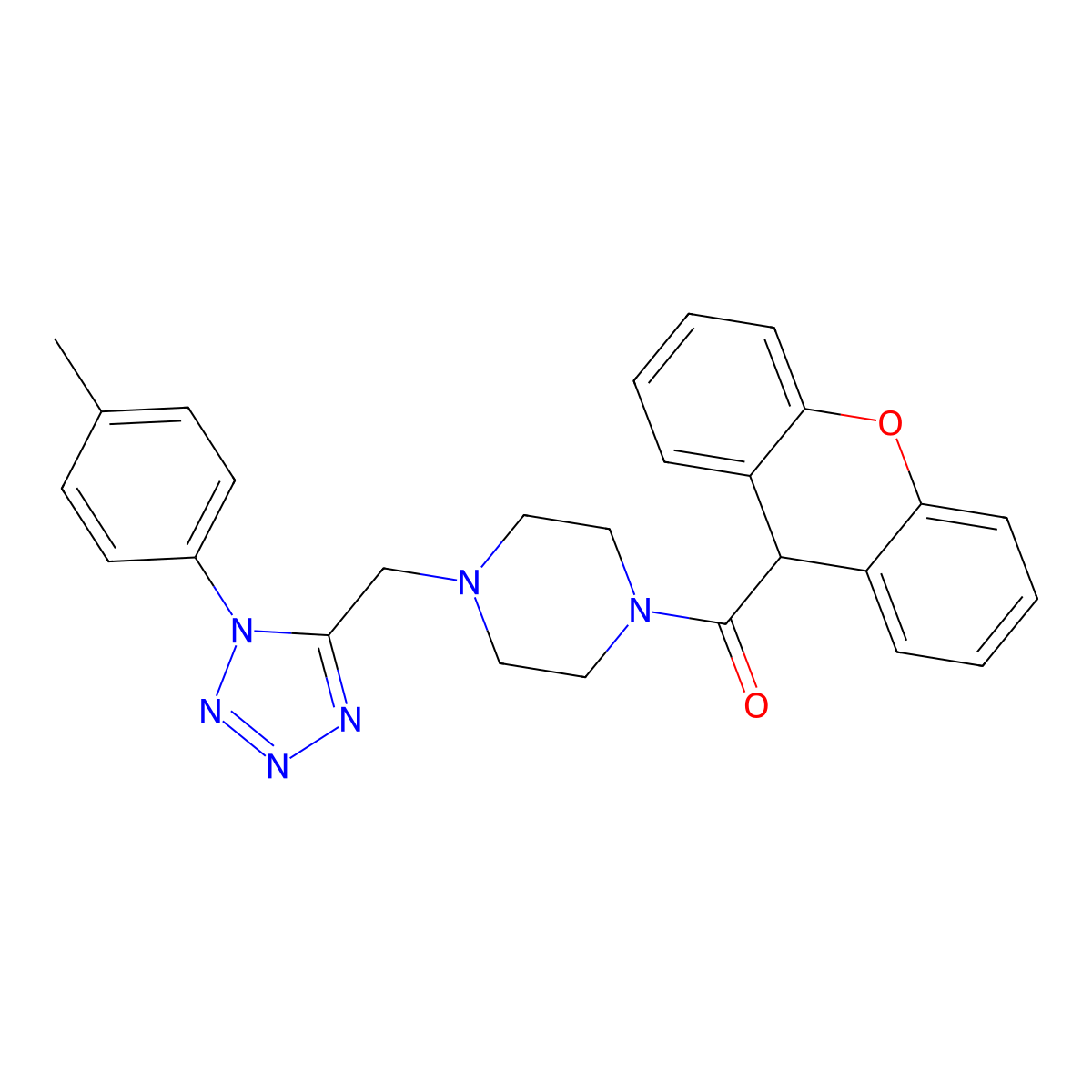 (4-((1-(p-tolyl)-1H-tetrazol-5-yl)methyl)piperazin-1-yl)(9H-xanthen-9-yl)methanone molecular structure, CAS 1049424-18-1