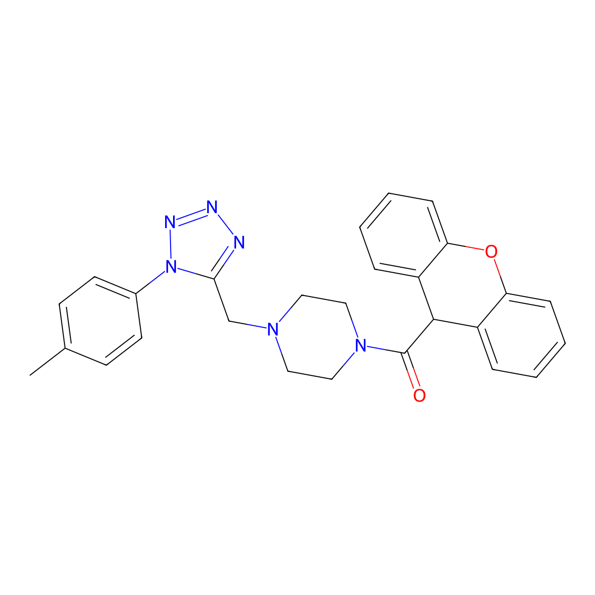 (4-((1-(p-tolyl)-1H-tetrazol-5-yl)methyl)piperazin-1-yl)(9H-xanthen-9-yl)methanone molecular structure, CAS 1049424-18-1