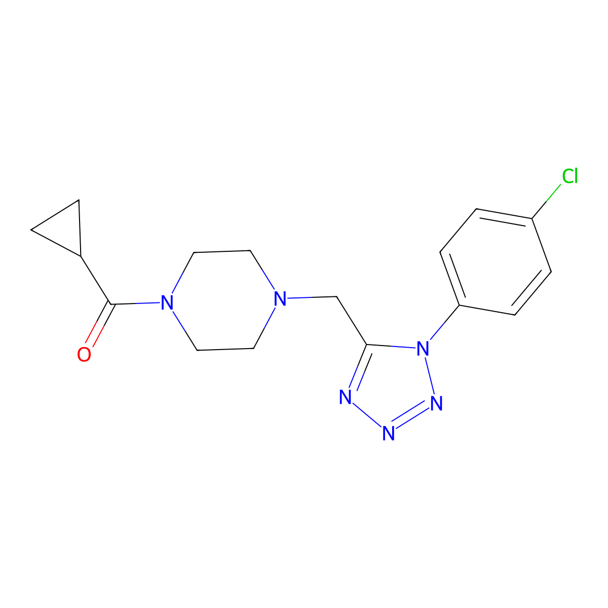 (4-((1-(4-chlorophenyl)-1H-tetrazol-5-yl)methyl)piperazin-1-yl)(cyclopropyl)methanone molecular structure, CAS 1049426-88-1