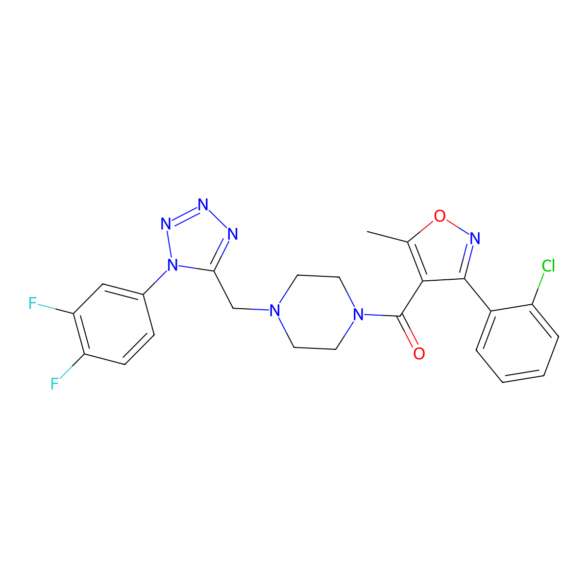 (3-(2-chlorophenyl)-5-methylisoxazol-4-yl)(4-((1-(3,4-difluorophenyl)-1H-tetrazol-5-yl)methyl)piperazin-1-yl)methanone molecular structure, CAS 1049427-52-2