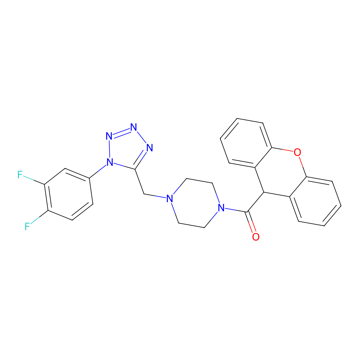 (4-((1-(3,4-difluorophenyl)-1H-tetrazol-5-yl)methyl)piperazin-1-yl)(9H-xanthen-9-yl)methanone molecular structure, CAS 1049427-59-9