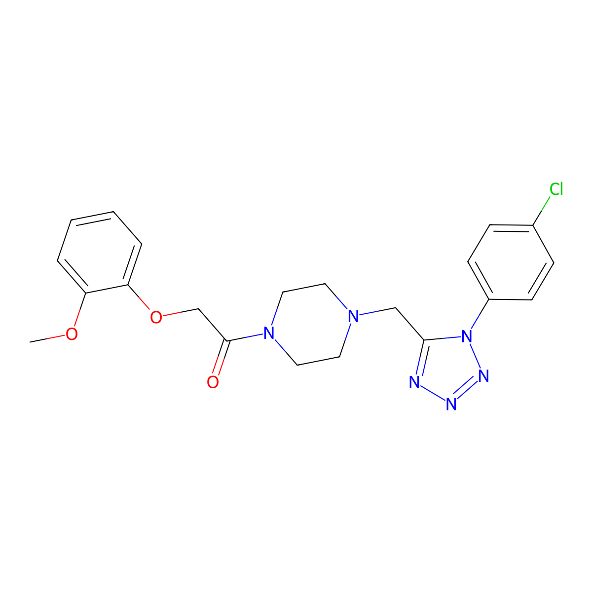 1-(4-((1-(4-chlorophenyl)-1H-tetrazol-5-yl)methyl)piperazin-1-yl)-2-(2-methoxyphenoxy)ethanone molecular structure, CAS 1049428-74-1