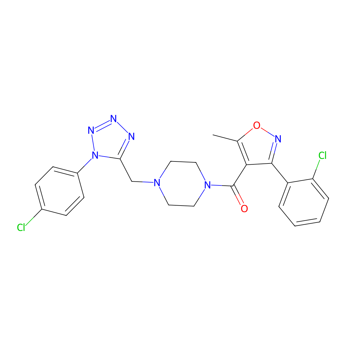 (4-((1-(4-chlorophenyl)-1H-tetrazol-5-yl)methyl)piperazin-1-yl)(3-(2-chlorophenyl)-5-methylisoxazol-4-yl)methanone molecular structure, CAS 1049429-59-5