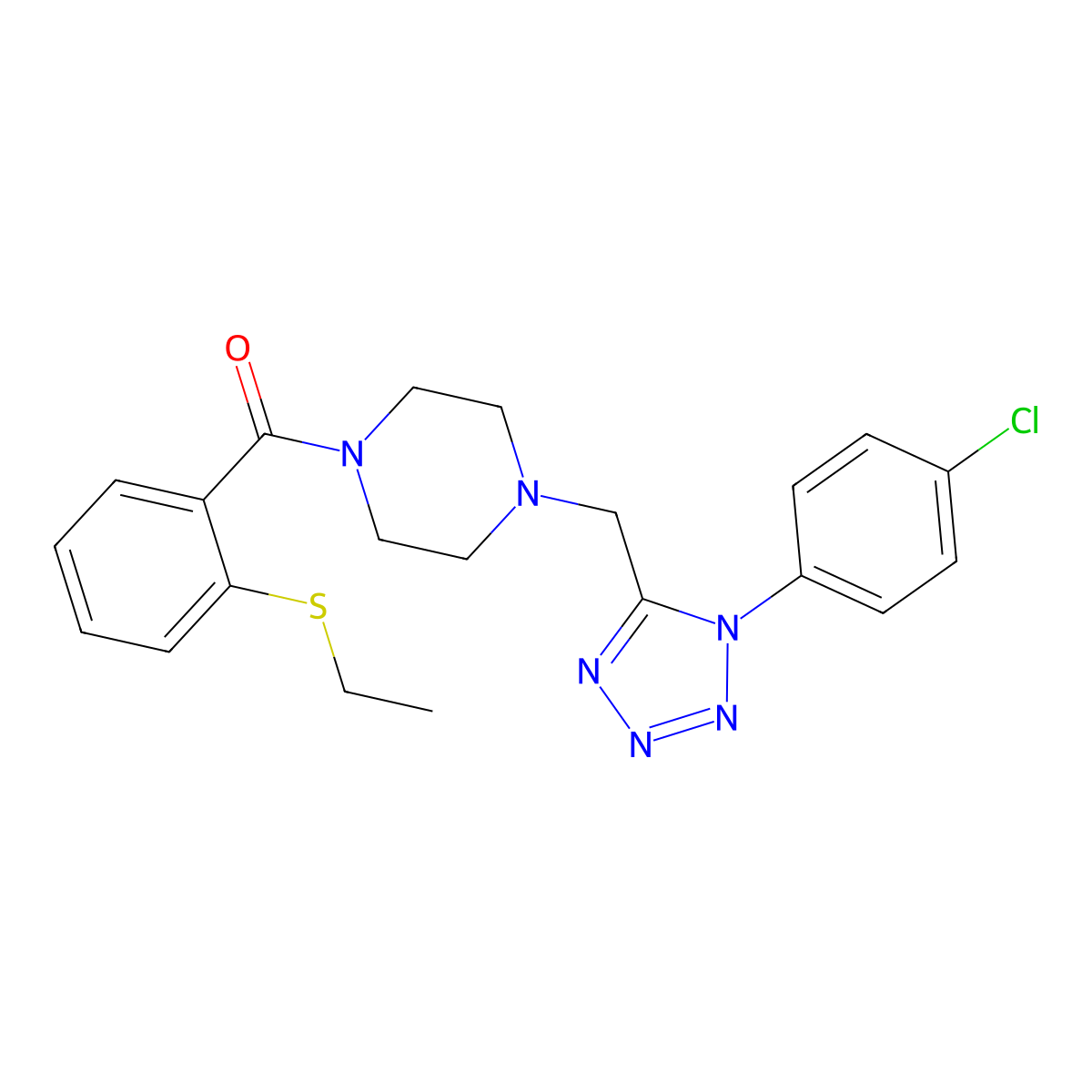 (4-((1-(4-chlorophenyl)-1H-tetrazol-5-yl)methyl)piperazin-1-yl)(2-(ethylthio)phenyl)methanone molecular structure, CAS 1049430-09-2