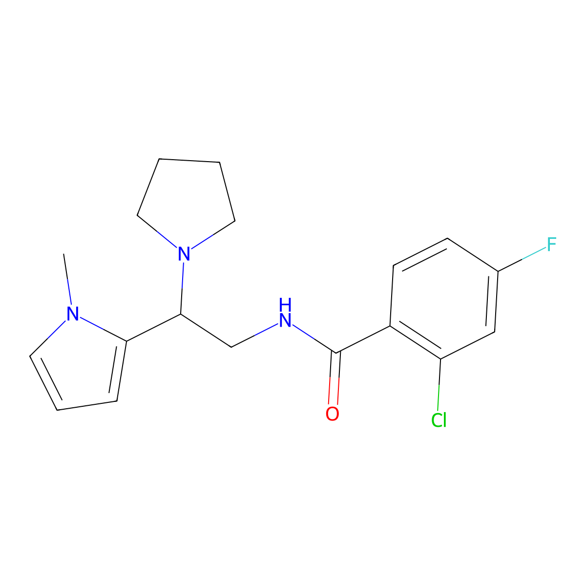 2-chloro-4-fluoro-N-(2-(1-methyl-1H-pyrrol-2-yl)-2-(pyrrolidin-1-yl)ethyl)benzamide molecular structure, CAS 1049432-29-2