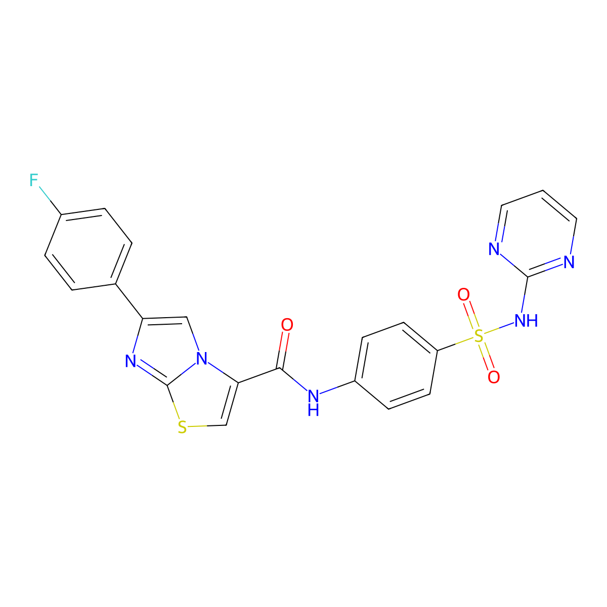 6-(4-fluorophenyl)-N-(4-(N-(pyrimidin-2-yl)sulfamoyl)phenyl)imidazo[2,1-b]thiazole-3-carboxamide molecular structure, CAS 1049439-80-6