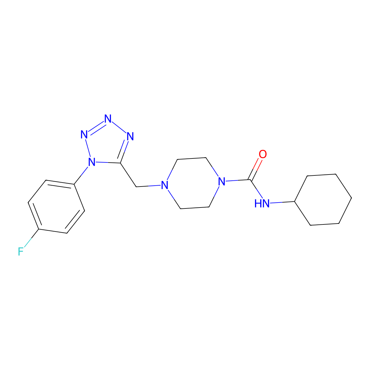 N-cyclohexyl-4-((1-(4-fluorophenyl)-1H-tetrazol-5-yl)methyl)piperazine-1-carboxamide molecular structure, CAS 1049444-29-2