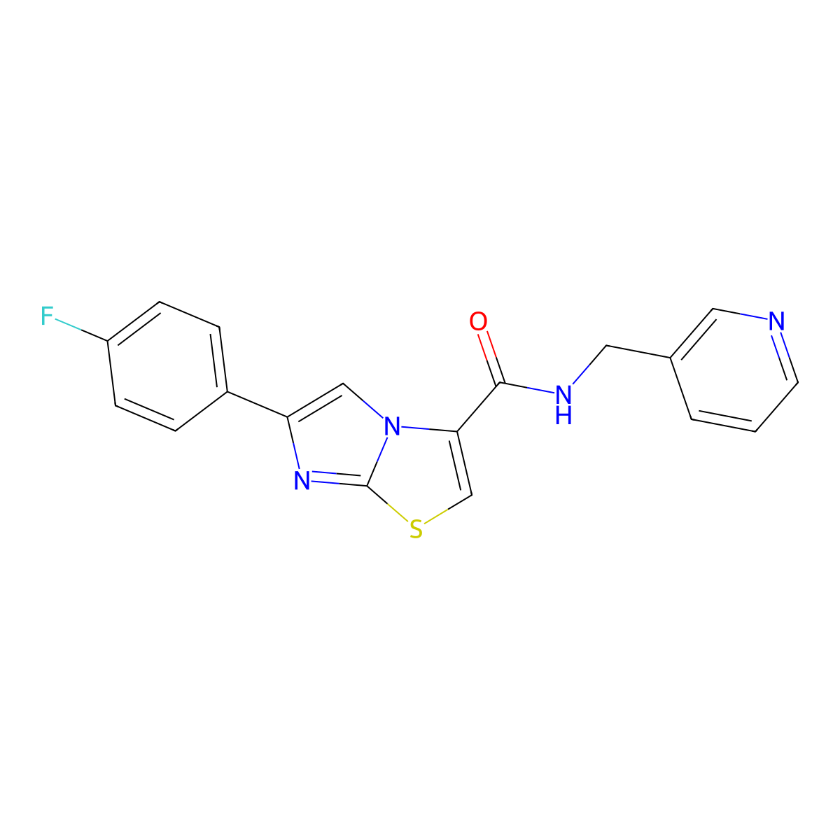 6-(4-fluorophenyl)-N-(pyridin-3-ylmethyl)imidazo[2,1-b]thiazole-3-carboxamide molecular structure, CAS 1049446-39-0