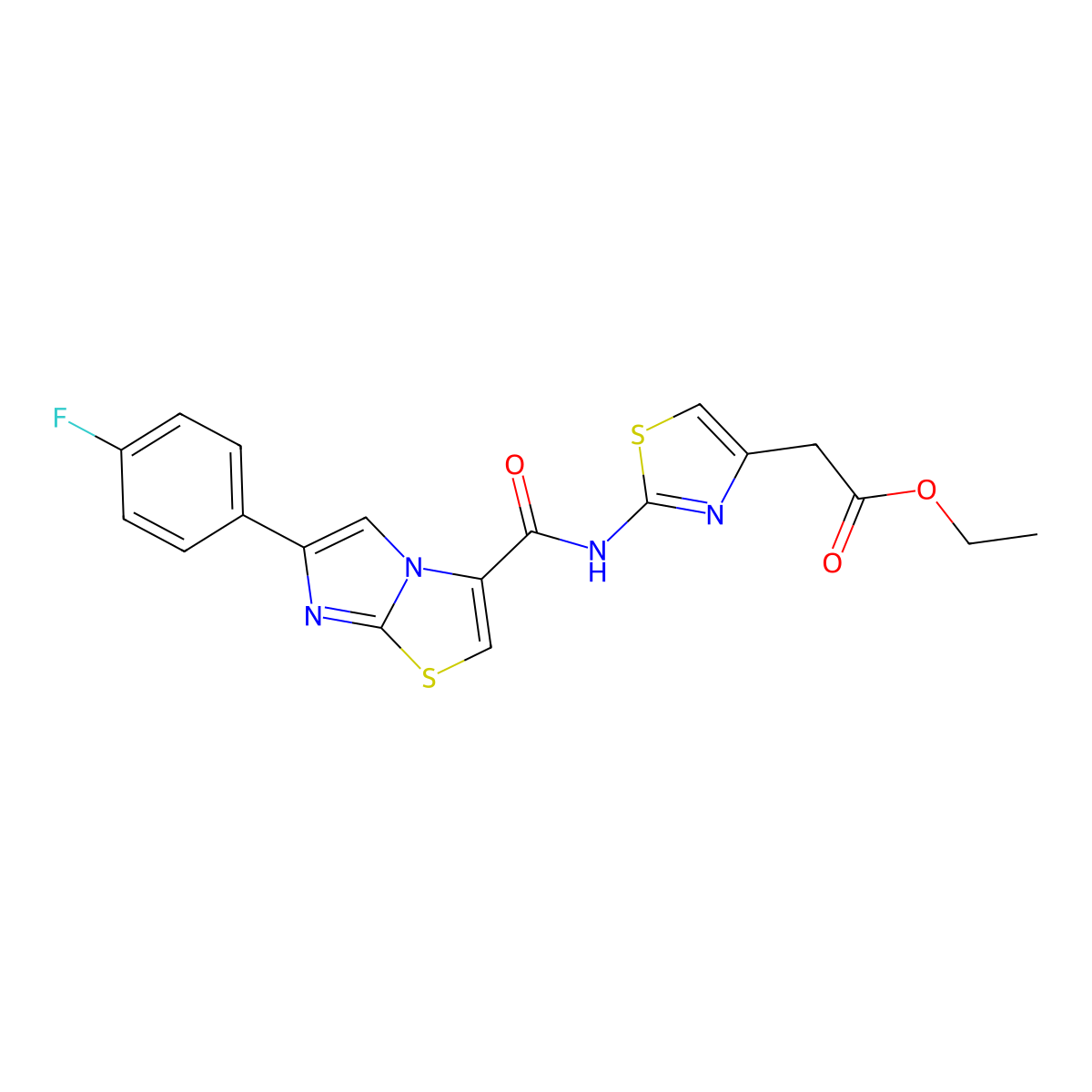 Ethyl 2-(2-(6-(4-fluorophenyl)imidazo[2,1-b]thiazole-3-carboxamido)thiazol-4-yl)acetate molecular structure, CAS 1049446-69-6