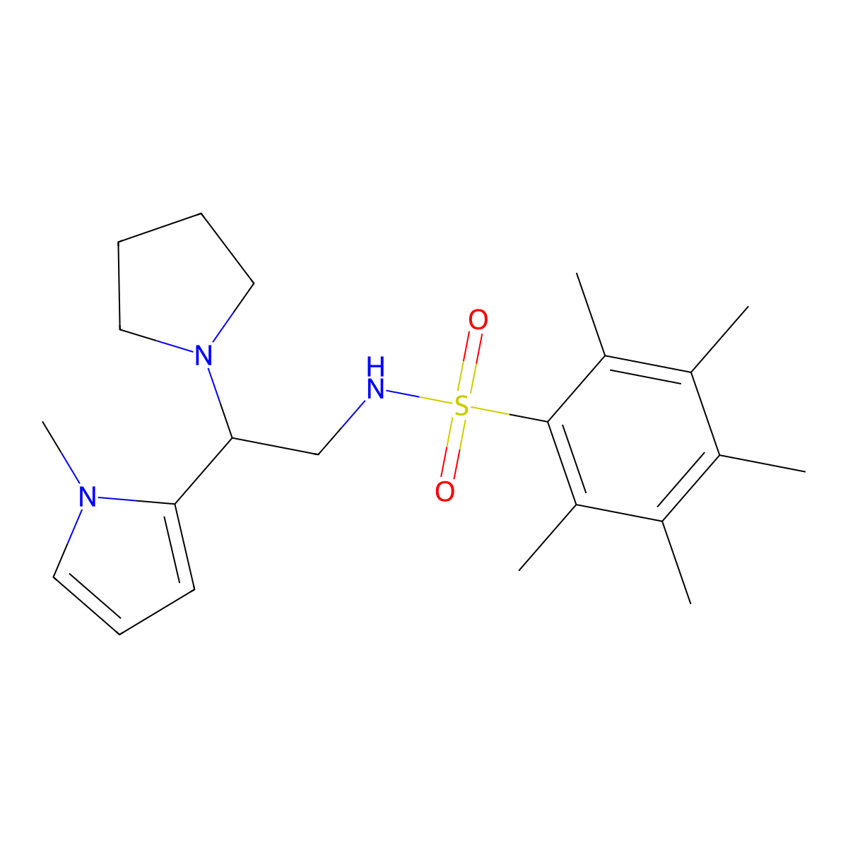 2,3,4,5,6-pentamethyl-N-(2-(1-methyl-1H-pyrrol-2-yl)-2-(pyrrolidin-1-yl)ethyl)benzenesulfonamide molecular structure, CAS 1049447-05-3