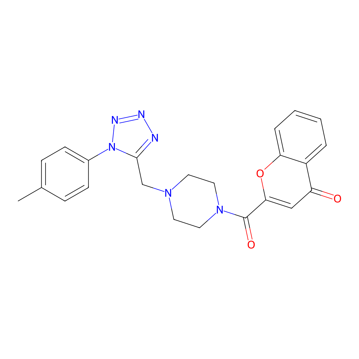 2-(4-((1-(p-tolyl)-1H-tetrazol-5-yl)methyl)piperazine-1-carbonyl)-4H-chromen-4-one molecular structure, CAS 1049450-46-5