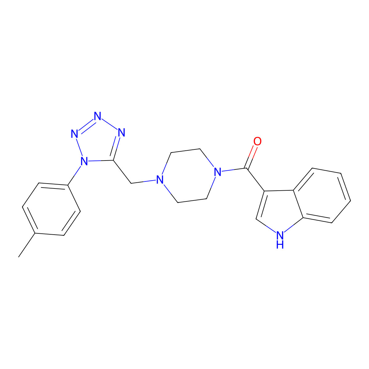 (1H-indol-3-yl)(4-((1-(p-tolyl)-1H-tetrazol-5-yl)methyl)piperazin-1-yl)methanone molecular structure, CAS 1049450-68-1