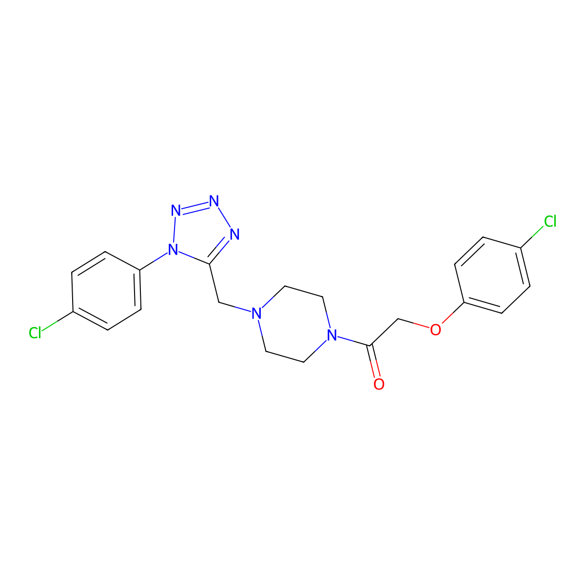 2-(4-chlorophenoxy)-1-(4-((1-(4-chlorophenyl)-1H-tetrazol-5-yl)methyl)piperazin-1-yl)ethanone molecular structure, CAS 1049456-57-6