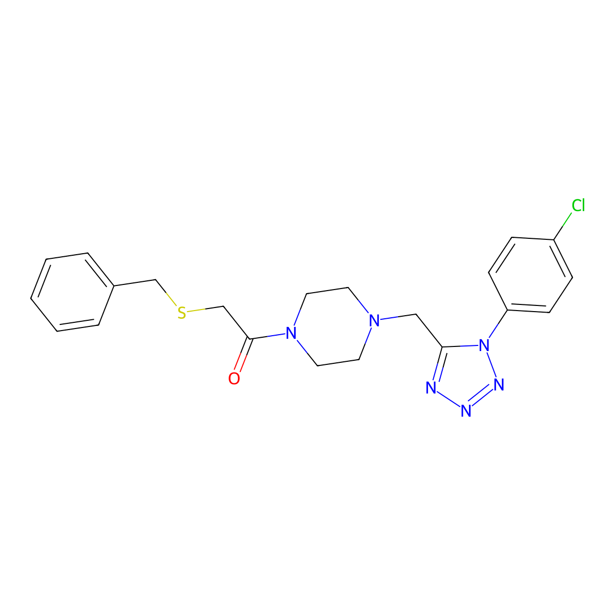 2-(benzylthio)-1-(4-((1-(4-chlorophenyl)-1H-tetrazol-5-yl)methyl)piperazin-1-yl)ethanone molecular structure, CAS 1049456-92-9
